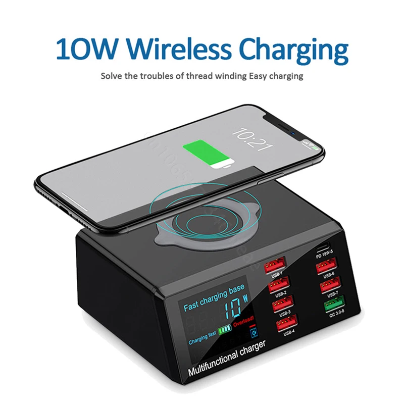 100W 8 Ports USB Charger Quick Charge 3.0 Adapter HUB Wireless Charger Charging Station PD Fast Charger For iPhone 11 13 Samsung