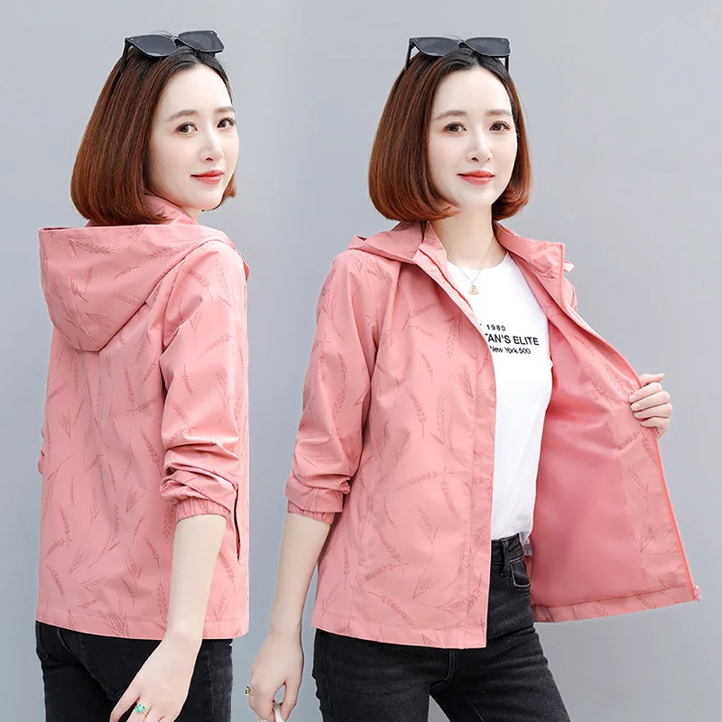 

Detachable Hooded Print Jacket Women Spring Autumn Windbreaker Coat Zipper Cardigan Female Casual Tops Women Basic Coat Outerwea