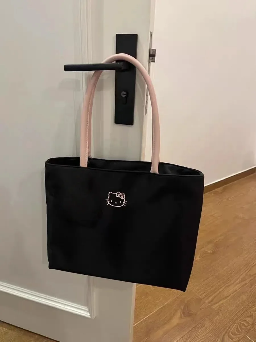 حقيبة تسوق ذات سعة كبيرة مطرزة برسوم كرتونية لطيفة، حقيبة كتف عصرية ومتعددة الاستخدامات، حقيبة يد نسائية سوداء عصرية #6