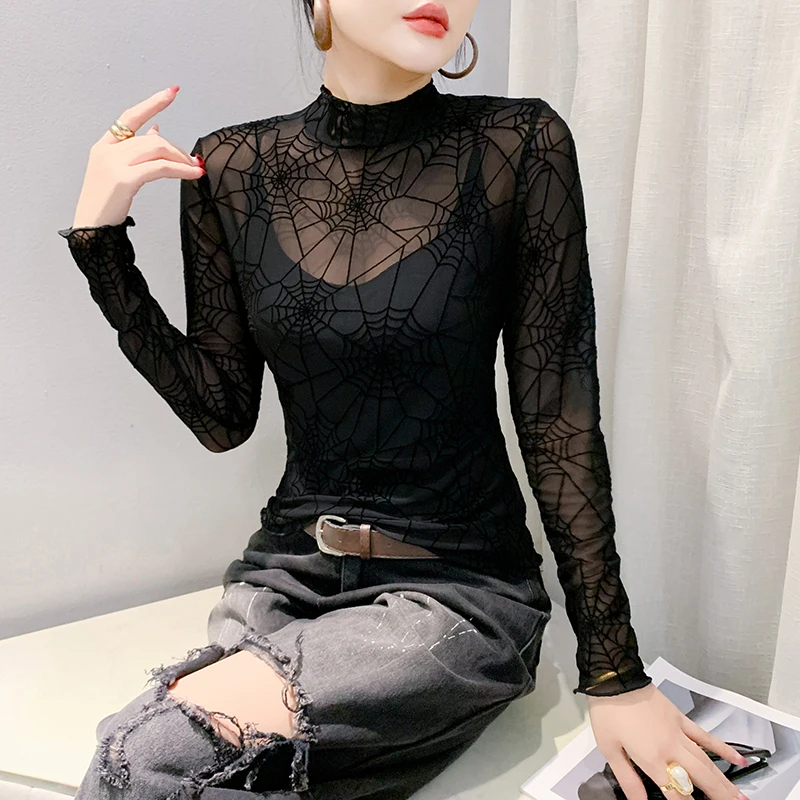 MadBlack, European Flocking T-Shirt, Sexy Women Turtleneck Spider Web Top, Streetwear Long Sleeve Slim Tee, Fall Winter T40412CC