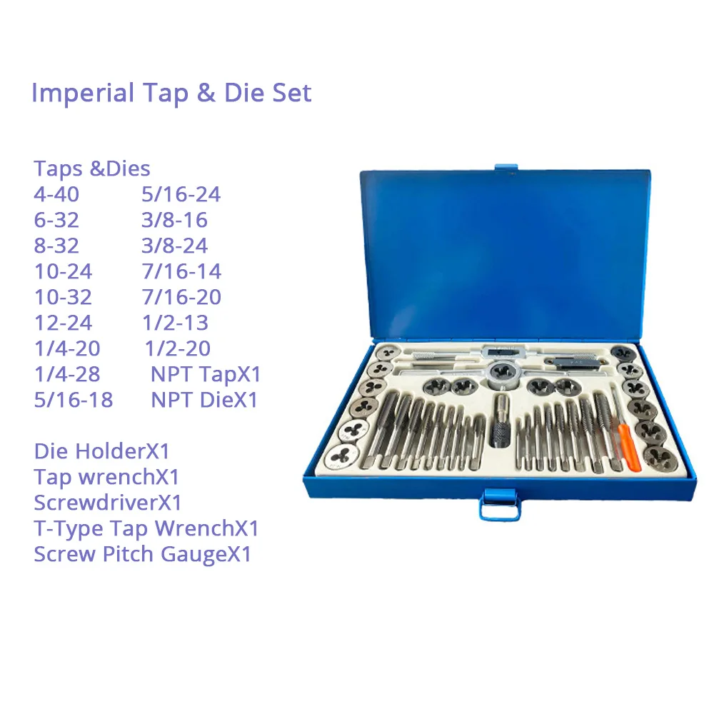 40Pc Tap and Die Set SAE Inch Size #4 to 1/2” Hand Threading Wrench Tools for Internal and External Threading