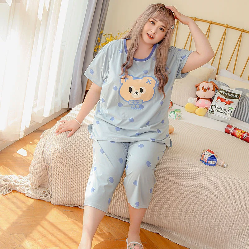 150kg Extra Large Size Loose Pajama Set Women Summer Belly Cover Comfortable Loungewear Short Sleeve Sleepwear Tops Cropped Pant