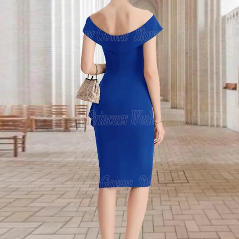 Elegant Straight Wedding Guest Gown For Woman Off Shoulder Applique Ruffles Knee Length Mother Of The Bride Dress Zip Back 2022