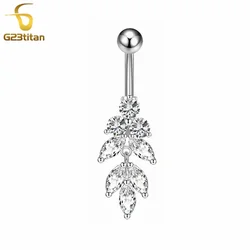 G23titan CZ Zircon Leaf Dangle Belly Button Rings 14G Surgical Titanium Curved Barbell Body Piercing Ombligo Women Navel Jewelry