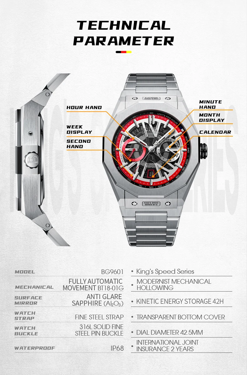 BONEST GATTI ساعة أوتوماتيكية للرجال ساعة يد ميكانيكية فاخرة هيكل عظمي مقاوم للماء الياقوت مضيئة الصلب حزام شهر أسبوع التاريخ #6