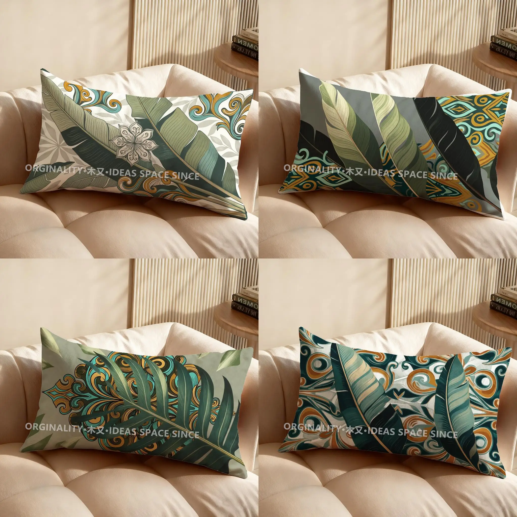 

Tropical Leaf & Swirl Pattern Pillow Suitable For Sofa Bedroom Car Pillow Cover Cushion Rectangular Back Cushion