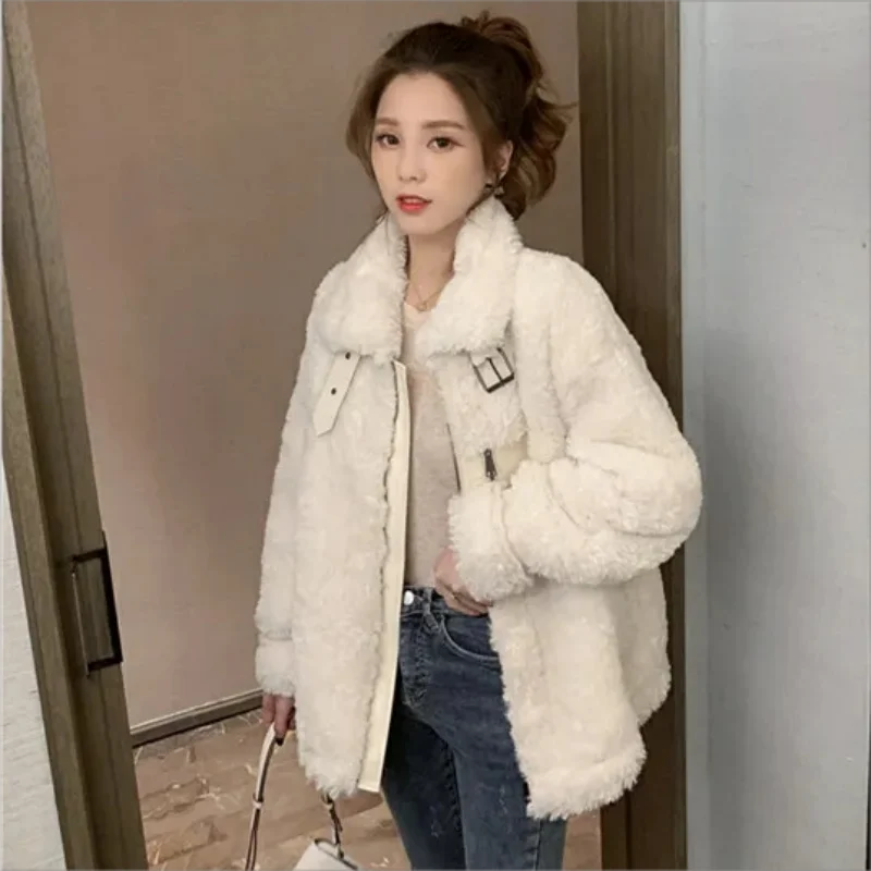 Korean Thick Cashmere Coat Women Fashion Stand-Up Collar Faux Fur Outwear Fur All-in-one Motorcycle Jacket Coat