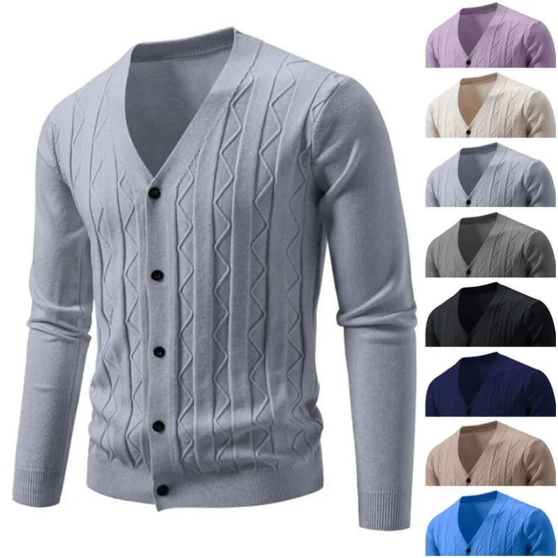 Autumn Winter New Fashion Men's Casual Trendy Simple Basic V-neck Single-breasted Long Sleeve Knitted Sweater Cardigans Male