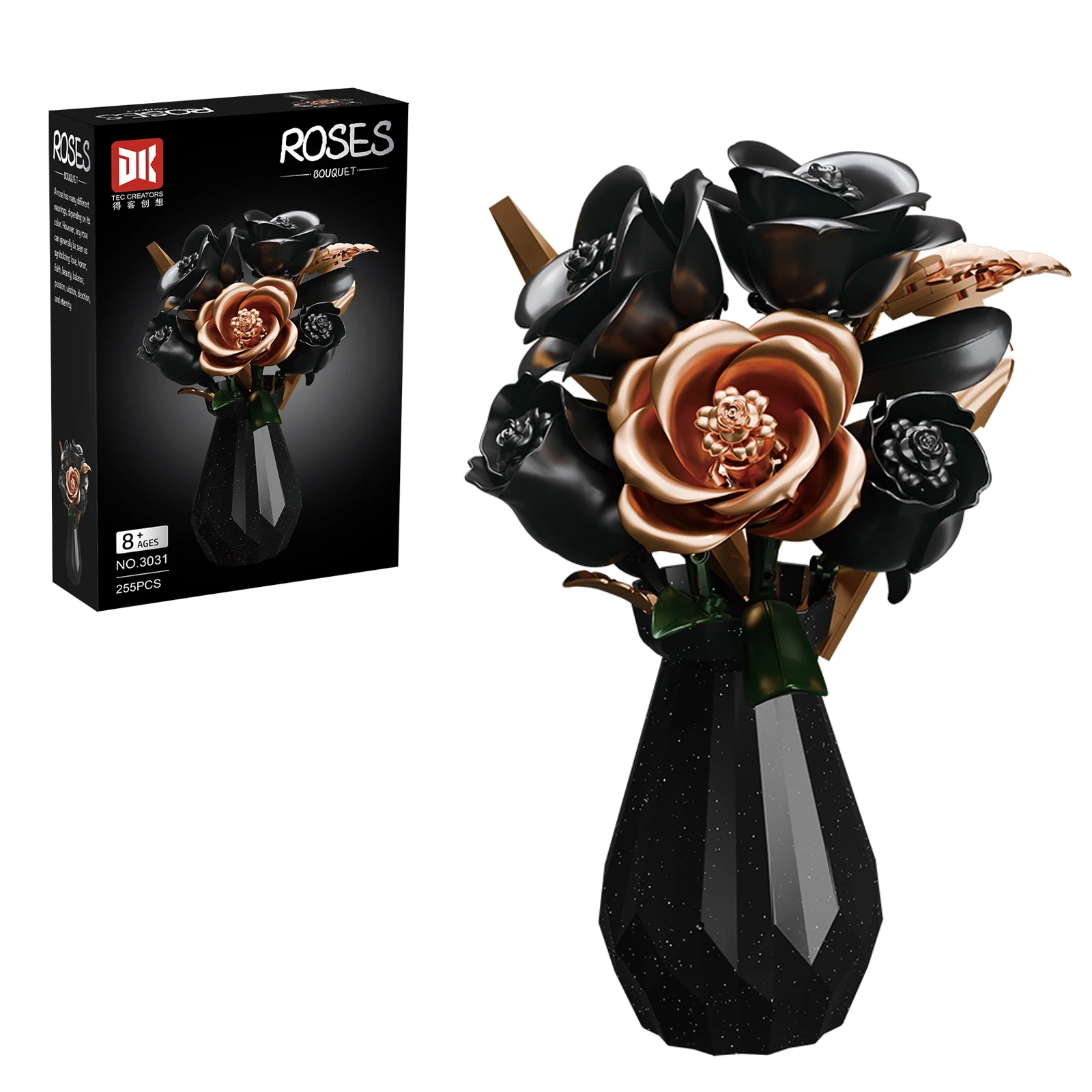 

3031 255 шт., черное золото, роза с вазой, искусственный букет растений в горшке, орнамент, мини-строительные блоки, креативный подарок для взрослых