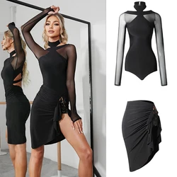 Sexy Black Cross-Back Top Irregular Latin Skirts Fashion Women Latin Dance Costume Stage Performance Practice Clothes SL7655