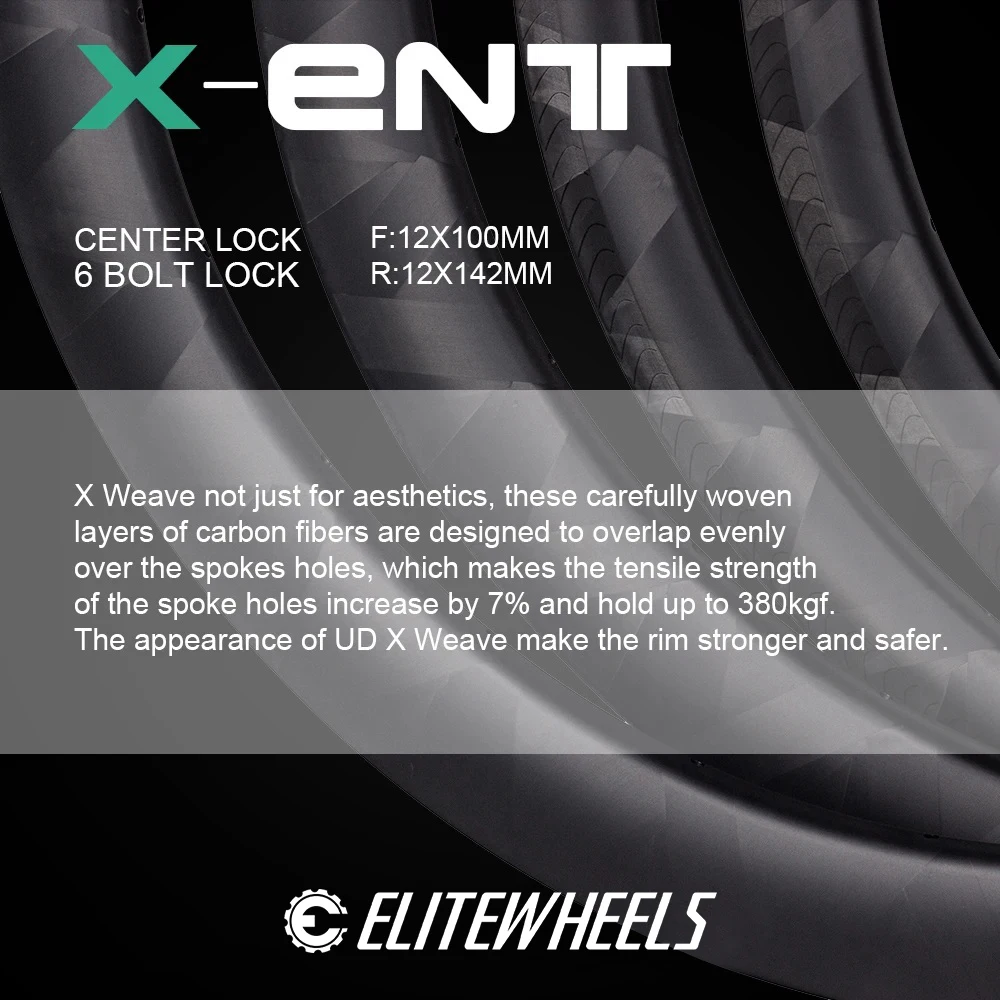 ELITEWHEELS ENT X WEAVE Carbon Wheelset Road Disc Brake Wheels Tubeless Compatible Cycling Rims Center Lock Or 6 Bolt Lock Hub