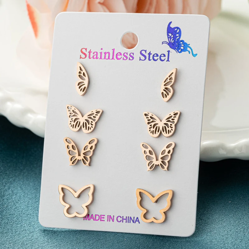 4Pairs/Lot Korean Butterfly Earings Black for Women Animal Stainless Steel Mini Stud Earrings Girls Engagement Jewelry Oorbellen
