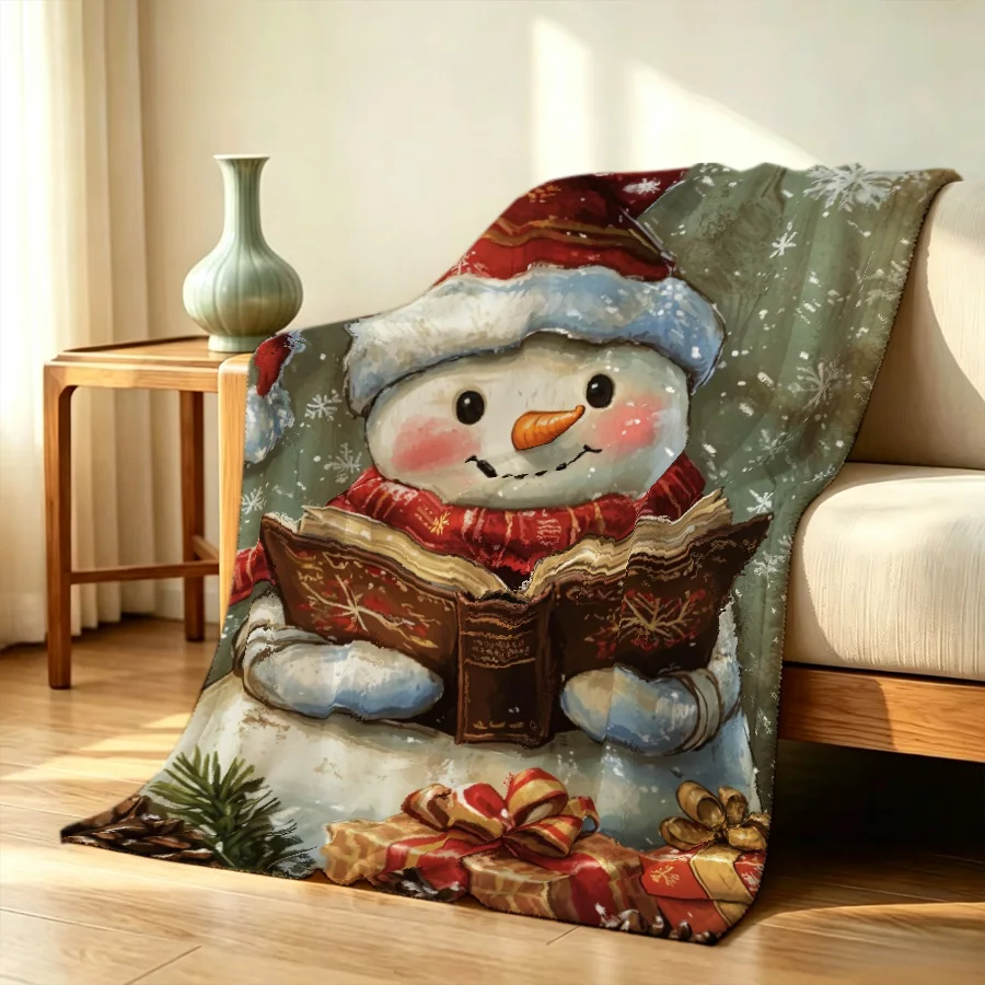Christmas Vintage Snowman Print Reading Book Flannel Throw Blanket, Snowflakes 2D Single-Sided Printed Holiday Blanket