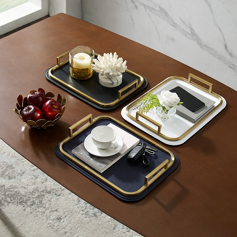 luxury leather tray rectangular tea cup Coffee tray living room storage dinner plate Decoration with stainless steel Handle