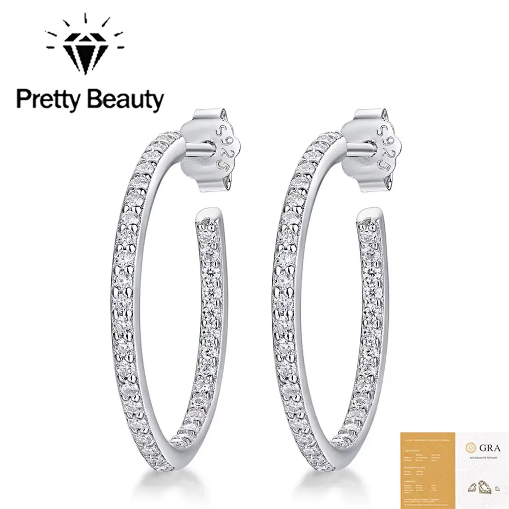 Pretty Beauty 20mm Moissanite Hoop Earrings for Women 925 Sterling Silver Inside Out Pave Set Diamond Earrings Fine Jewelry Gift