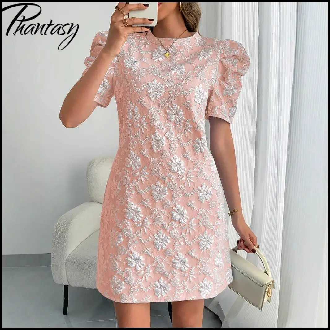 

Summer Sweet Bubble Sleeve Textured Jacquard Blue Dress Lady Round Neck Vintage Floral 3D Print Dress Women's Commute Streetwear