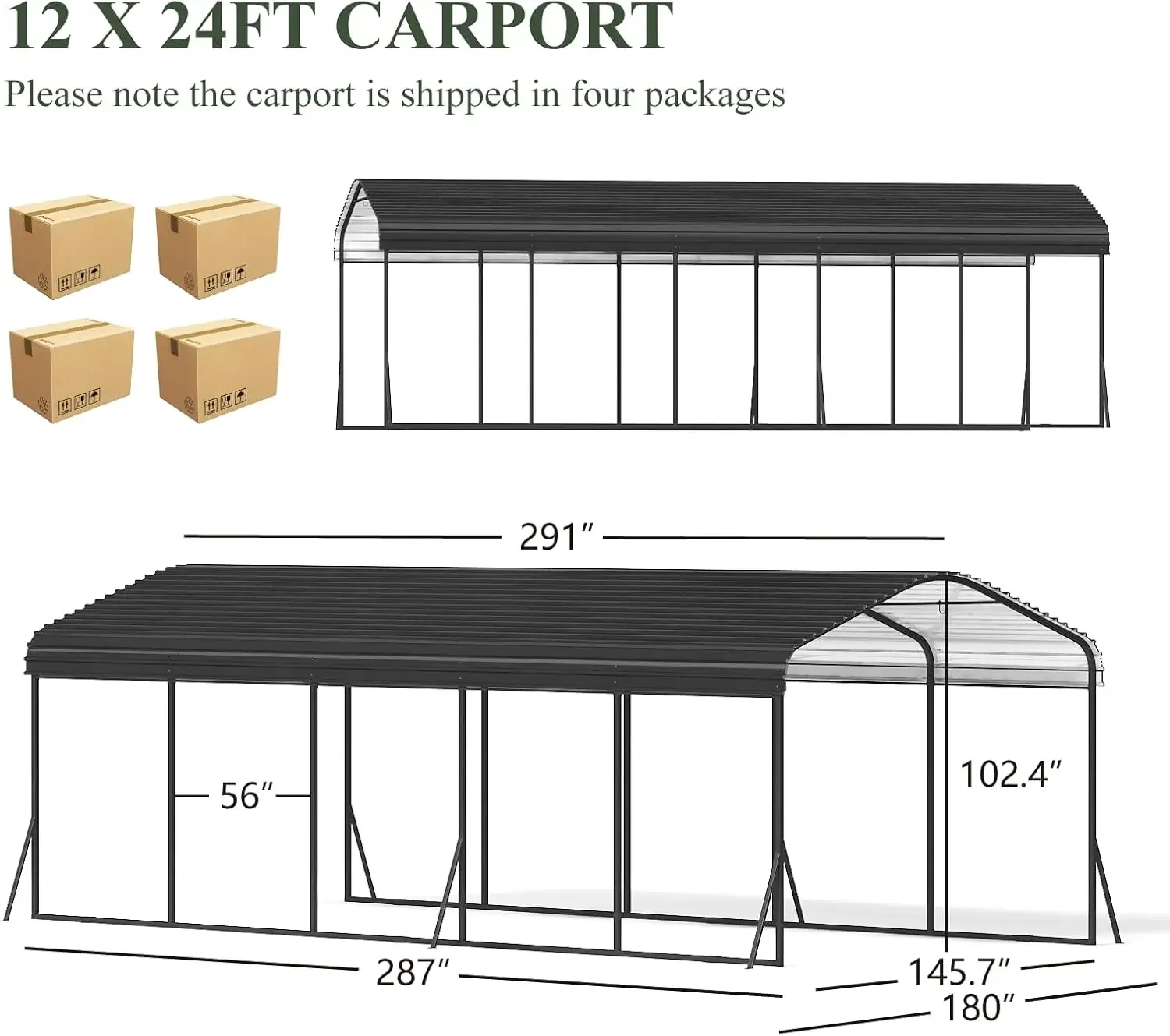 12x 24 FT Metal Carport, Heavy Duty Carport, Multi-Purpose Car Port with Galvanized Steel Roof and All-Metal Frame