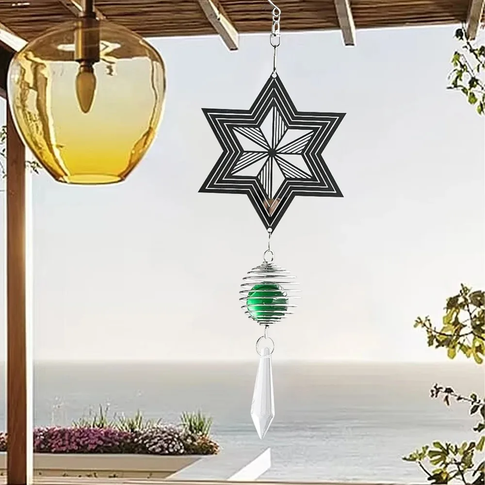 3D Six Pointed Star Rotating Pendant Hanging DIY Crafts Metal Spiral Ball Wind Chimes Crystal Handmade Hexagram Star Sun Catcher