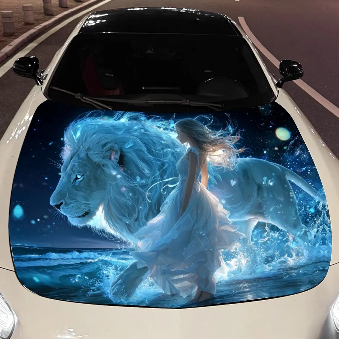 

Glowing Blue Lion with a Lady Car Vinyl Wrap, PVC Material Waterproof Car Hood Sticker, Self-Adhesive Scratch-Resistant Stickers