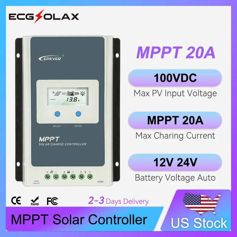 

ECGSOLAX 20A MPPT Solar Charge Controller 12V 24V Battery Solar Panel Regulator Tracer AN Series Max PV100VDC