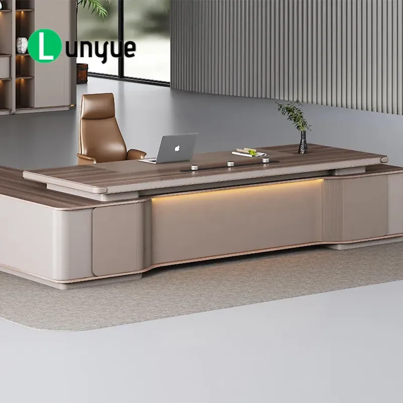 Modern Simple Voice Activated Light Strip Executive Desk with Bookcase Combination Smart Atmospheric Boss Table for Office