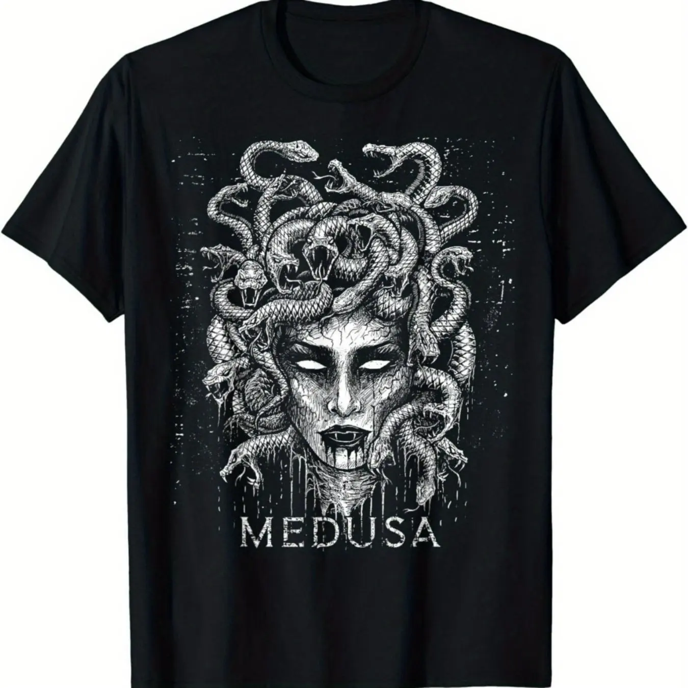 تي شيرت قطني برسومات الأساطير اليونانية Medusa للرجال والنساء بأكمام قصيرة باللون الأسود مع طباعة أسطورية بيضاء تي شيرت صيفي كاجوال #1