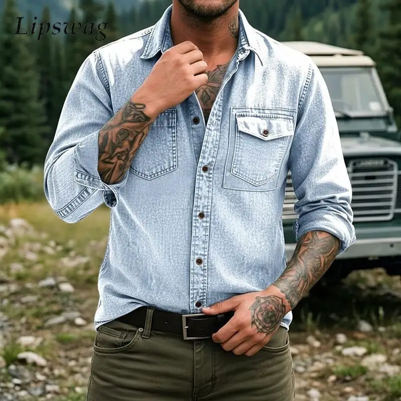 

2026 Spring Casual Mens Cargo Shirts Long Sleeve Button-up Turn-down Collar Multi Pocket Shirt Men Vintage Solid Color Cardigans