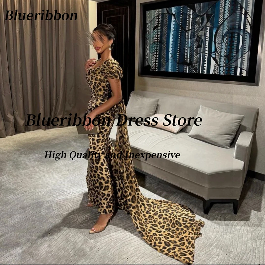 Blueribbon Leopard Print Sexy Prom Dresses 2024 Off Shoulder Flutters Evening Gowns Long Maid of Honor Wedding Party Dress