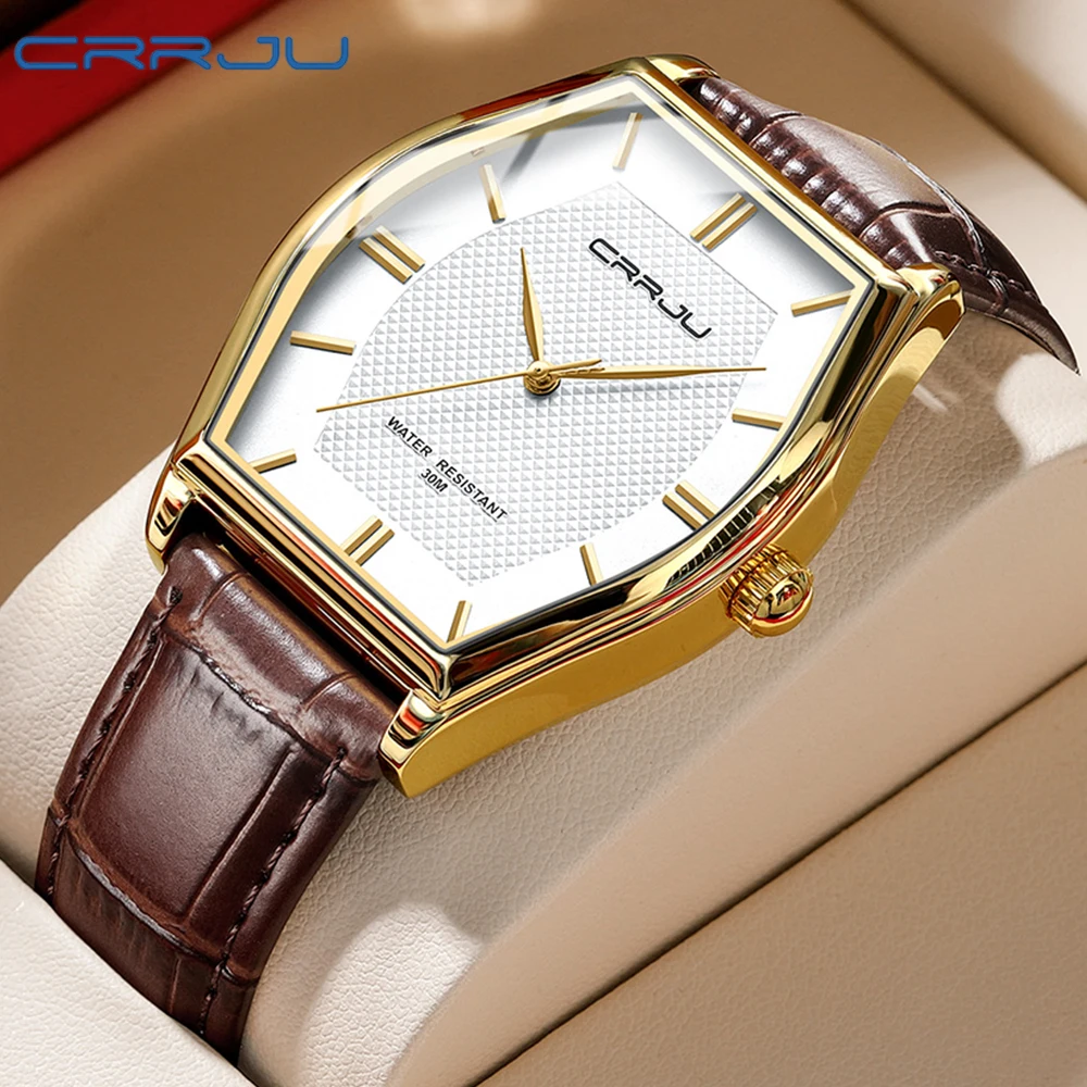 CRRJU Men Watch Luxury Japan Quartz Tonneau Dail Leather Waterproof Male Wristwatch Relogio Masculino