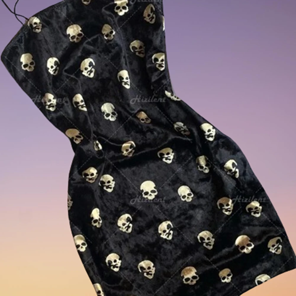 European and American black skull printing traf retro street punk tight top female summer dress A sexy slim mini hot Gothic styl