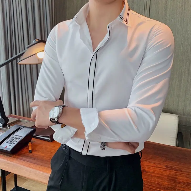 

Business Casual Men Shirts Spring Autumn Lapel Covered Button Black White Stripes Korean Fashion Office Social Long Sleeve Tops