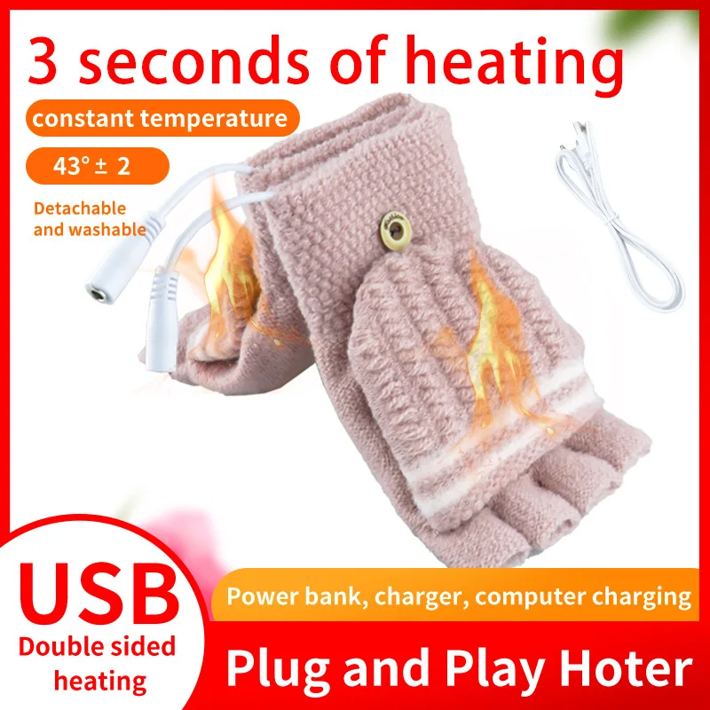 

USB New Heated Gloves for Women Men Winter Warm Knitted Mittens 2-Side Heating Fingerless Glove for Cycling Skiing Gloves