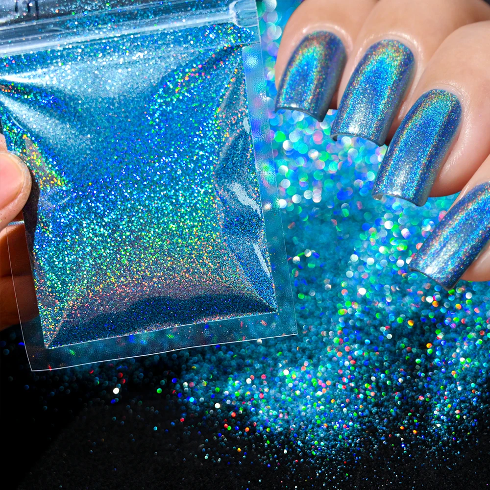 10g Blue Holographic Laser Glitter Nail Powder Magic Mirror Iridescent Aurora Chrome Rub Dust Shinning Ultra Fine Glitter Powder