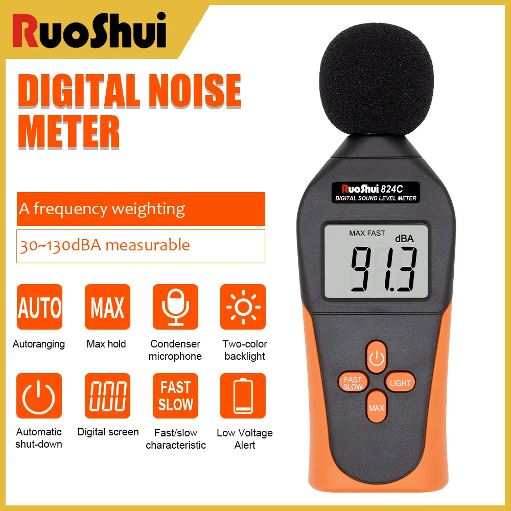 

RuoShui 824C Noise Meter 30-130dBA Handheld Auto Digtial Sound Level Tester Precise Measurement Decibel Meter