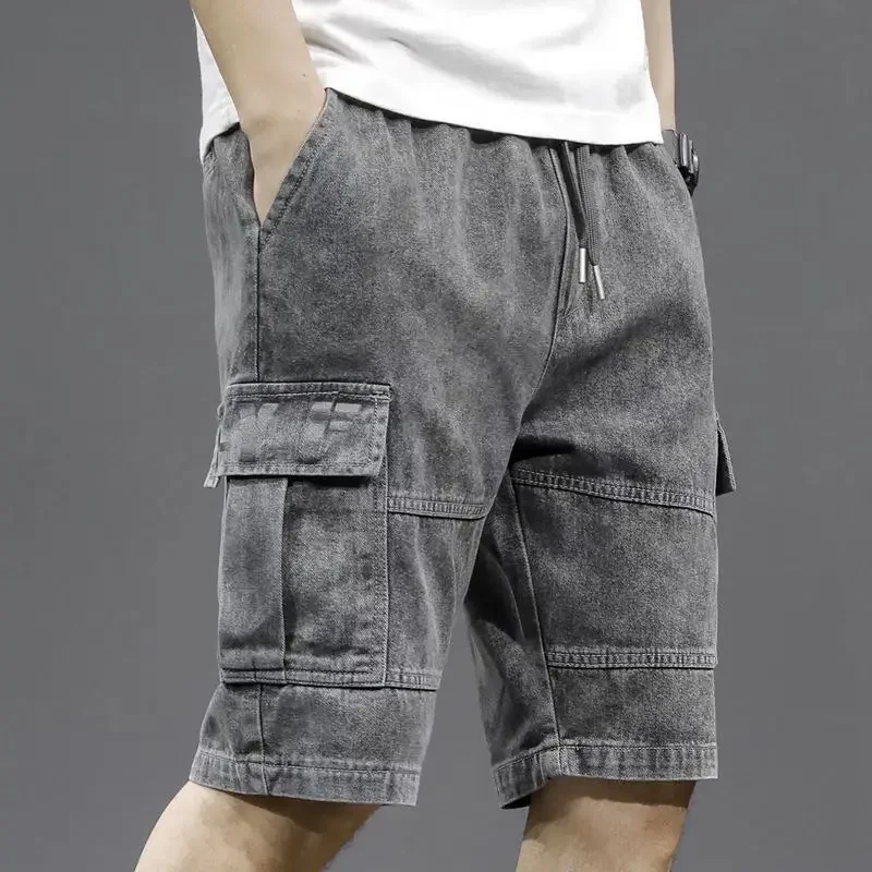 Male Denim Shorts Gray Drawstring with Pockets Men\'s Short Jeans Pants Popular Harajuku Buttons Cowboy Xxxl Korean Fashion Sale