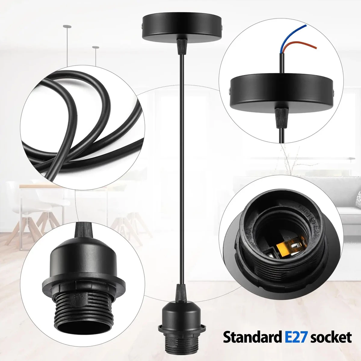 Extension Hanging Lantern Cord Cable E27 Socket With Ceiling Plate For Pendant Lighting Lamp Shade