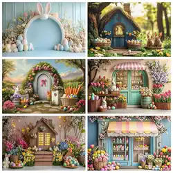 Happy Easter Day Photography Background Blue Wood Board Easter Egg Spring Flower Rabbit Kid Birthday Portrait Photocall Backdrop