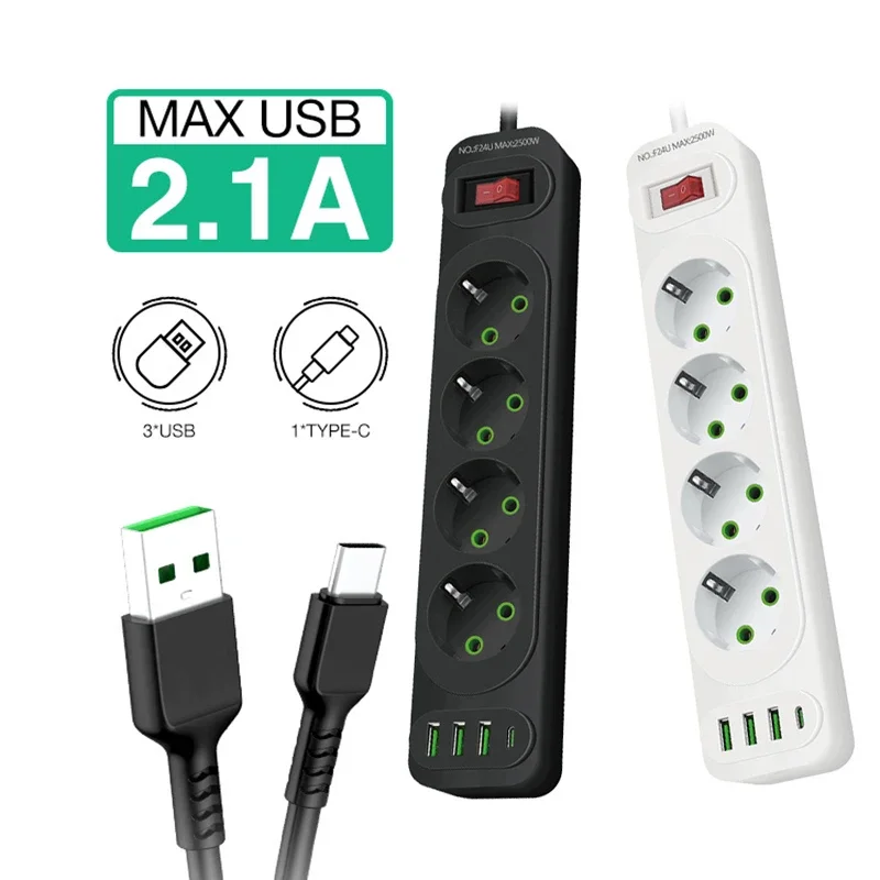 Spina ue ciabatta 4 presa ca estensione Multitap con 4 porte USB presa elettrica con cavo da 2m protezione da sovratensione a carica rapida da 2500W