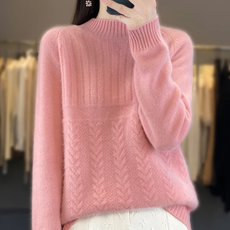 ATTYYWS-Women's Knitted Long Sleeved Half High Necked Pullover, 100% Australian Wool Sweater, Versatile Top, Hot Selling, 6 Colo