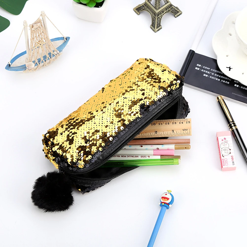 

Sequined Pencil Bag Pompon Lady Makeup Bag Multifunctional Glitter Zipper Pencil Case Mermaid Sequin Pouch