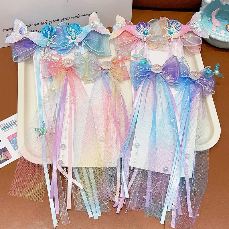 Baby Girls Mermaid Dress Up Hairpins Fishtail Shell Puprle Ribbon Headband Girl Bow Tie Braided Flower Hairpin Accessory HP01 view 4