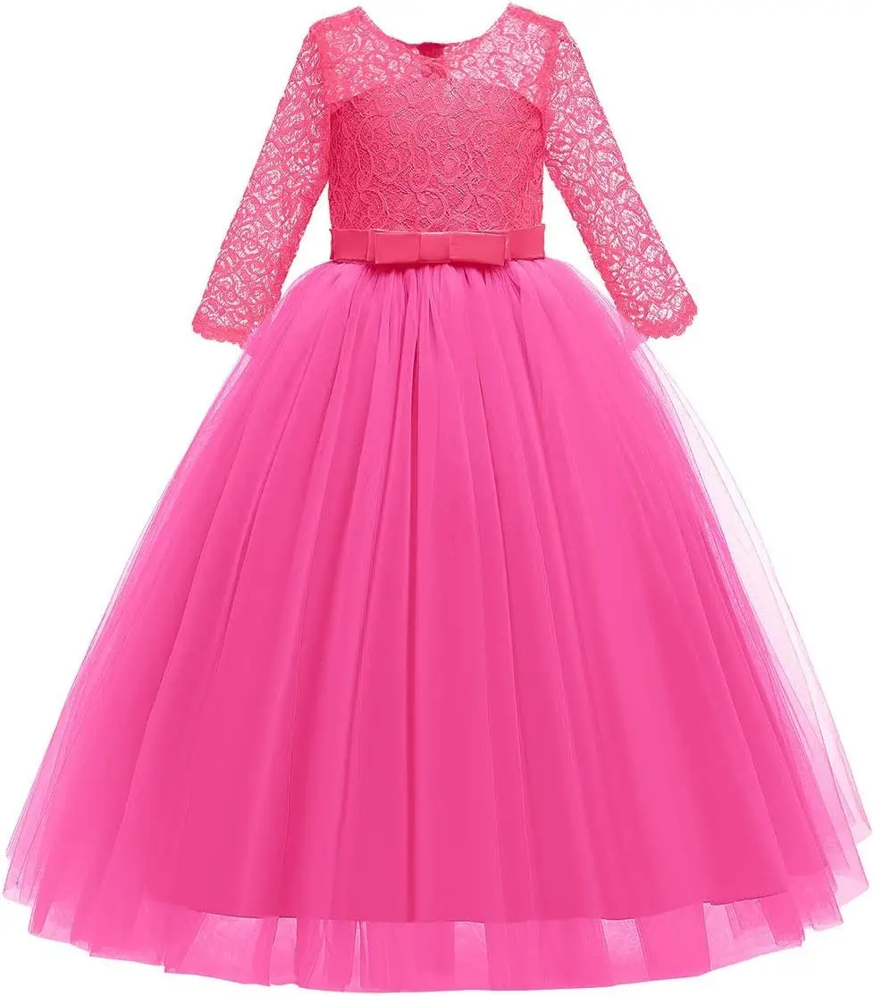 Menina flor retro flor renda 3/4 manga e vestido de chão festa de casamento aniversário comunhão vestido de noite formal pegeant vestido de baile