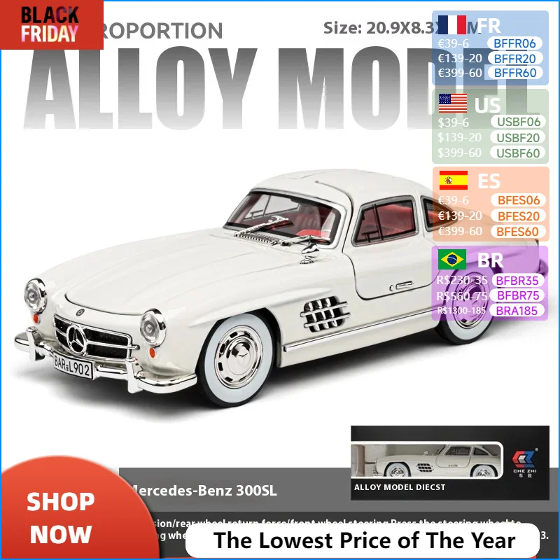 1:24 Mercedes Benz 300SL Classic Car Alloy Metal Diecast Car Model Sound & Light Collect Hobby Desktop Decorative Ornament Gift