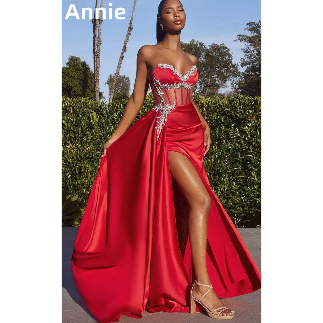 Annie Red Bridal Prom Dresses Luxury Satin Glitter Beads Evening Dresses Formal Occasions Wedding Party Dress Robes De Soirée