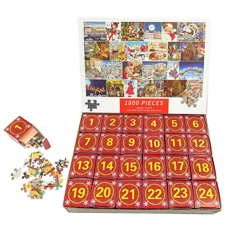 

2024 Christmas Advent Calendar 1000pcs Jigsaw Puzzle Cute Stress Relief Educational Puzzles Toy Christmas Countdown Calendar Box