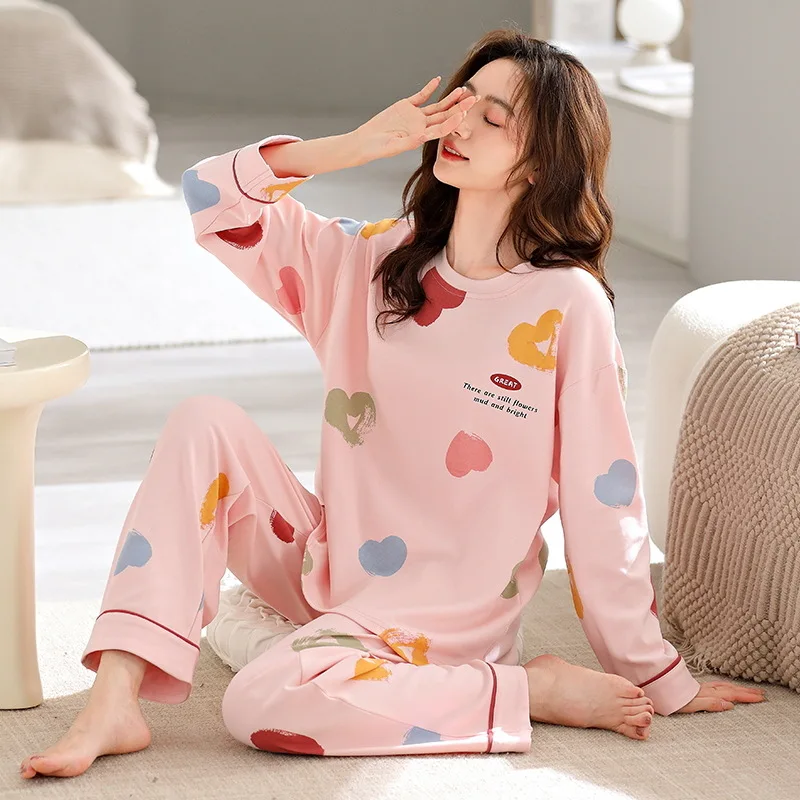 Cotton High Quality Large Size Women Four Seasons Pajamas Girl O-Neck Long-Sleeved Sweet Cute Cartoon School Homewear 2PCS/Set