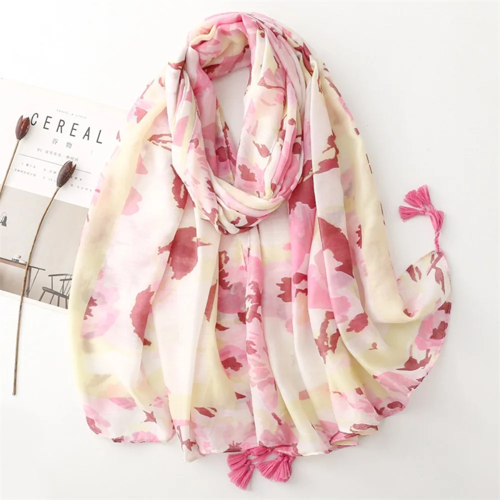 

Fashion Korean Tassel Viscose Shawl Scarf Elegant Printing Soft Thin Scarf Wash Painting Style Luxury Women Hijab Shawls Beach