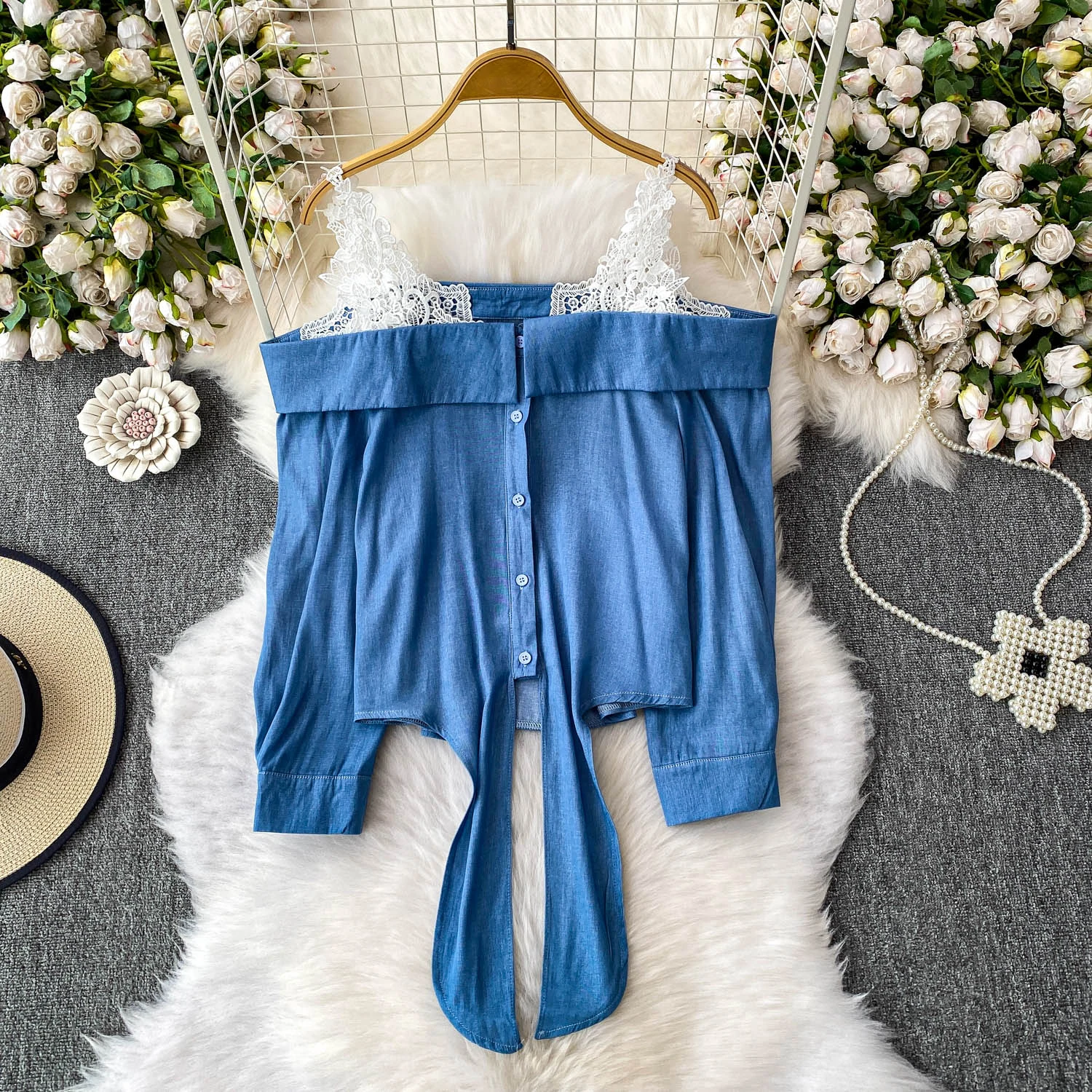 

Lace PAtchwork Casual Shirt Women Spring Autumn Slash Neck Long Sleeve Loose Lace-up Cardigan tops Versatile Women's Clothing