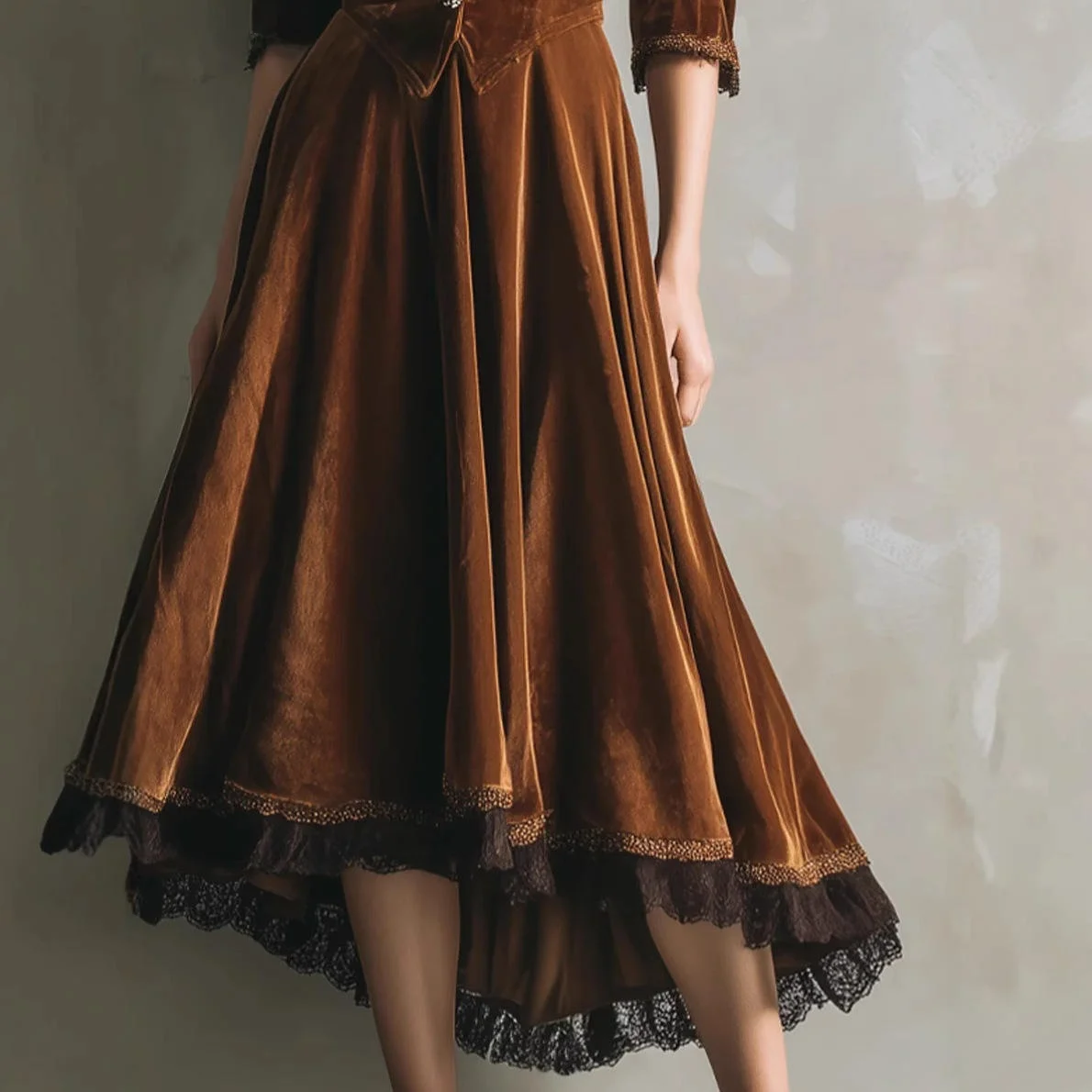 กระโปรงทรงเอวสูงผ้ากำมะหยี่แต่งลูกไม้ลายดอกไม้ ชายกระโปรงแบบไม่สมมาตร คอปกแบบ Dr. Western  สำหรับผู้หญิง  แฟชั่นฤดูใบไม้ร่วง