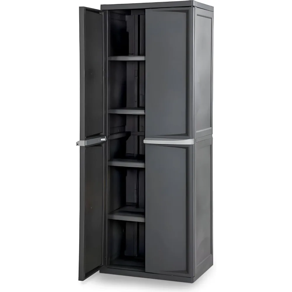 

4 Shelf Cabinet, Lockable Utility Storage w/ Adjustable Shelves, Gray - Plastic Shelving Unit for Organizing Garage, Pantry, Ba